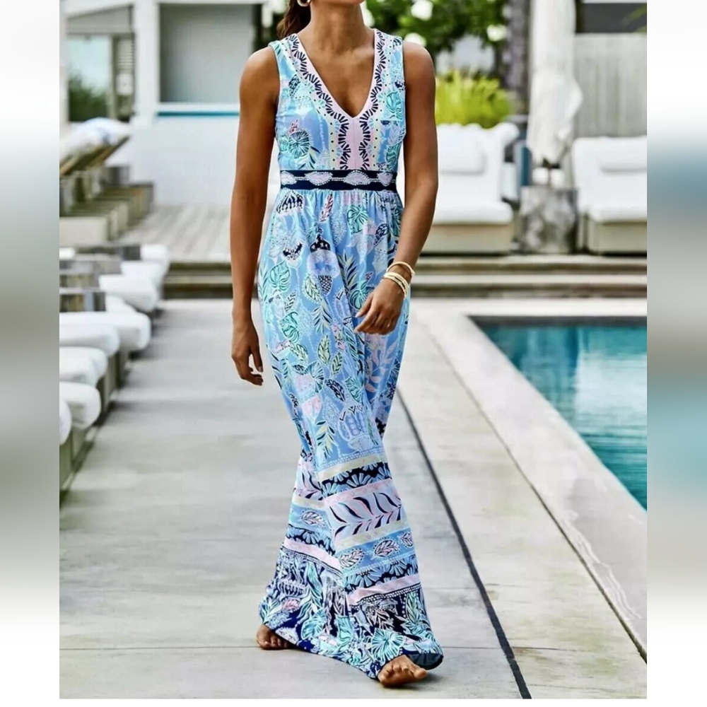 Lilly Pulitzer Tropical Blue and White Maxi Dress